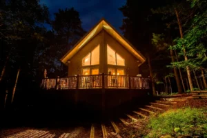 a southwest washington home in the woods with gorgeous exterior lighting